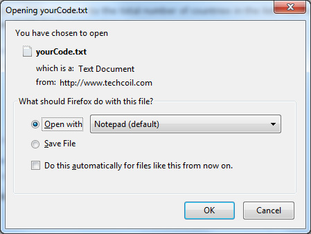 Image of firefox dialog box after submitting request to generate custom codes from list of countries in the world.