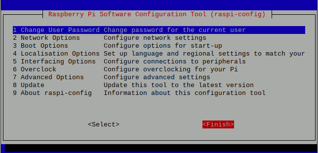 20191010 screenshot of raspi-config at starting screen with Finish selected