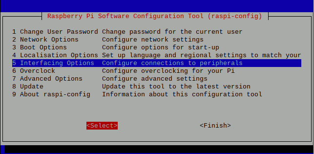 20191010 screenshot of raspi-config with Interfacing Option being selected