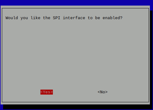 20191010 screenshot of raspi-config with confirmation of SPI selection and Yes selected