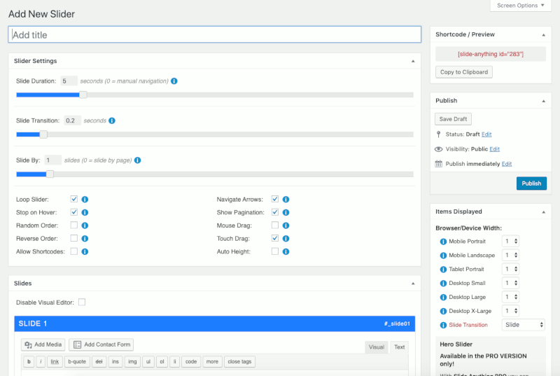 Add New Slider screen of Slide Anything plugin in WordPress dashboard