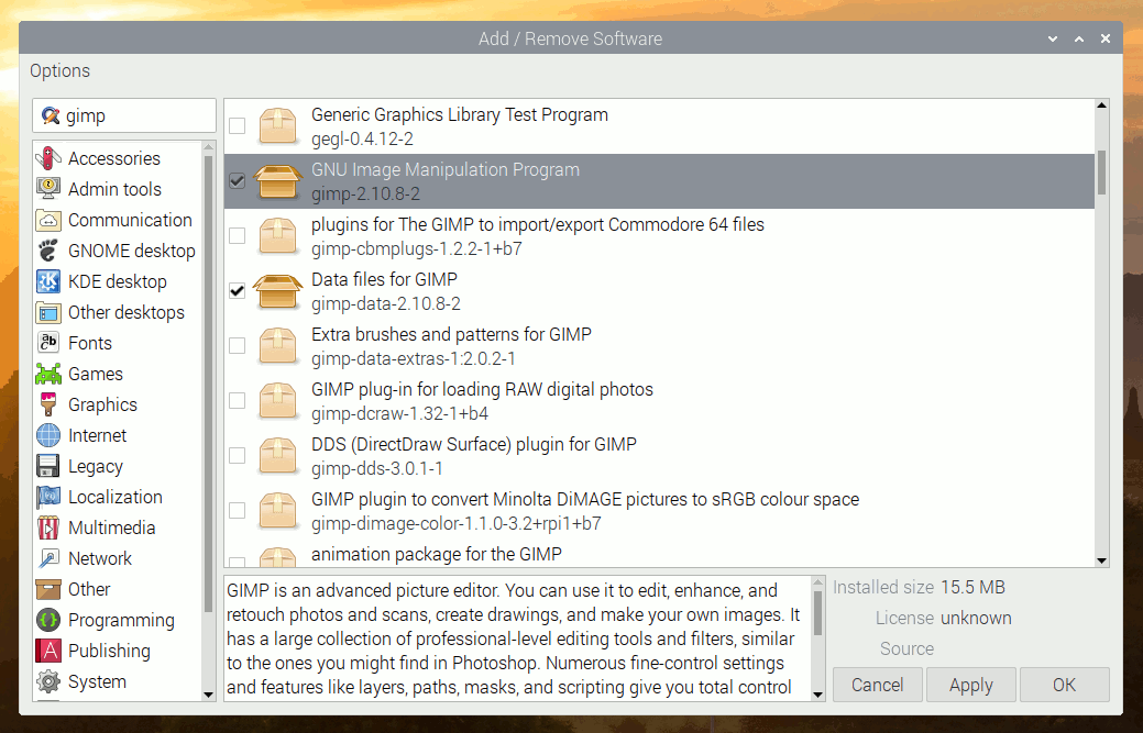 Add Remove Software program with GIMP installed running on Raspbian Buster 20190710