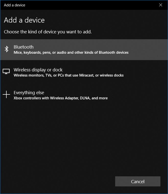 Add a device dialog on Windows 10