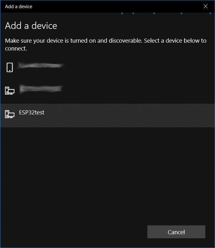 Add a device dialog showing ESP32test as one of the options to connect to