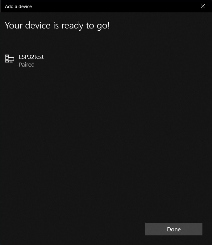 Add a device dialog showing ESP32test being paired successfully on Windows 10
