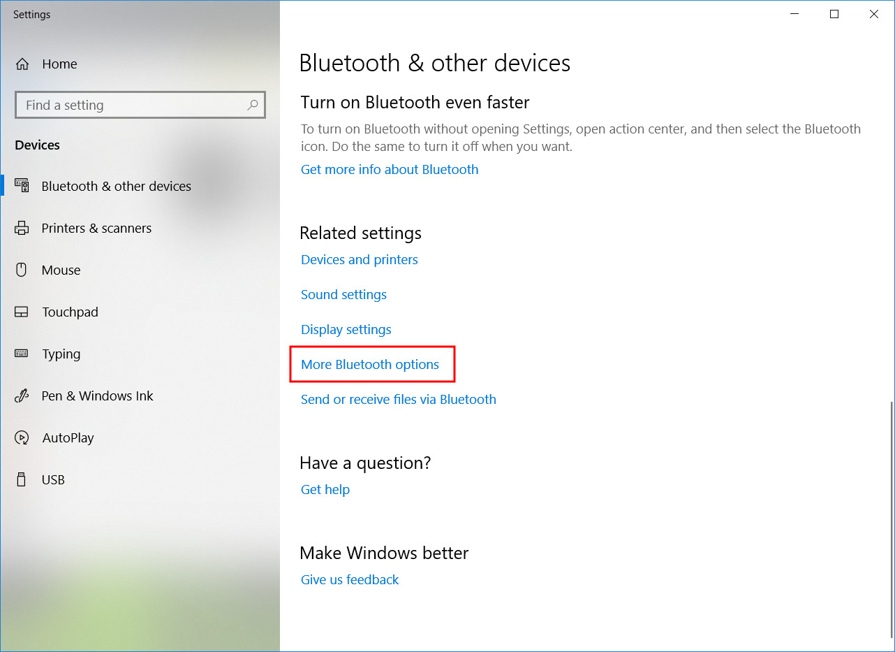 Bluetooth and other devices settings window on Windows 10 with More Bluetooth options highlighted