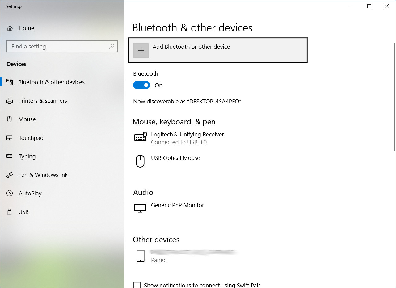 Bluetooth and other devices settings window on Windows 10