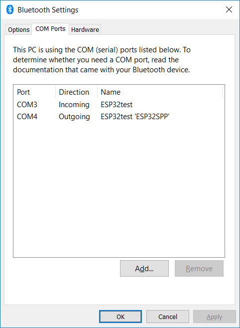 Bluetooth settings window on Windows 10 showing COM ports assigned to ESP32test Bluetooth connection