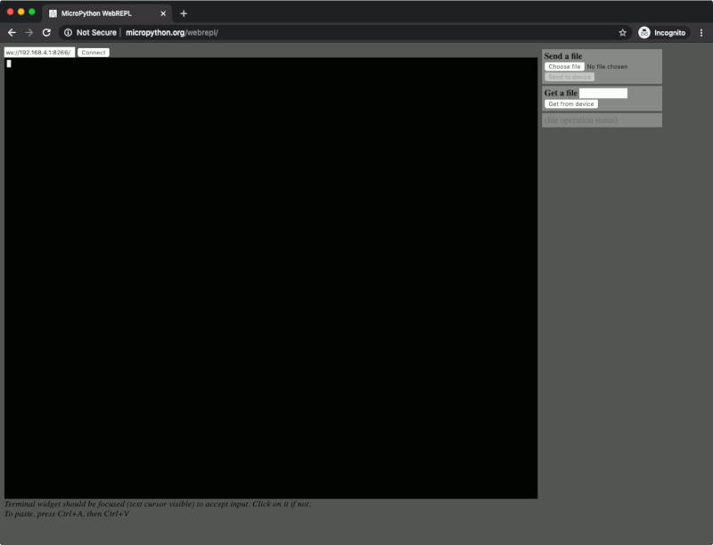 Connecting to and interacting with MicroPython WebREPL with a browser directed at 192.168.1.131