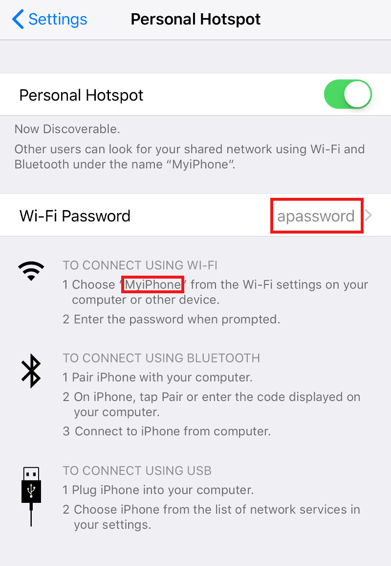 Cropped Personal Hotspot screen with Personal Hotspot turned on with SSID and password boxed