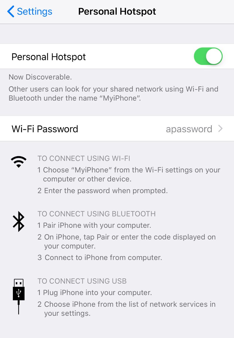 Cropped Personal Hotspot screen with Personal Hotspot turned on