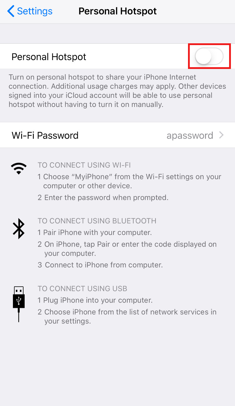 Cropped Personal Hotspot screen with toggle switch to turn on Personal Hotspot boxed