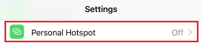 Cropped Settings page with Personal Hotspot option in off state and boxed