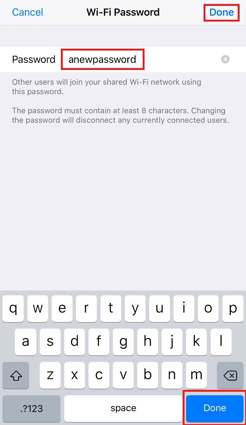Cropped Wi-Fi Password screen with text field to fill in password and Done link and button boxed