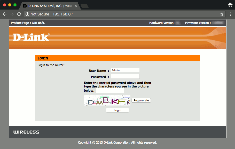 D-Link DIR-868L router login screen