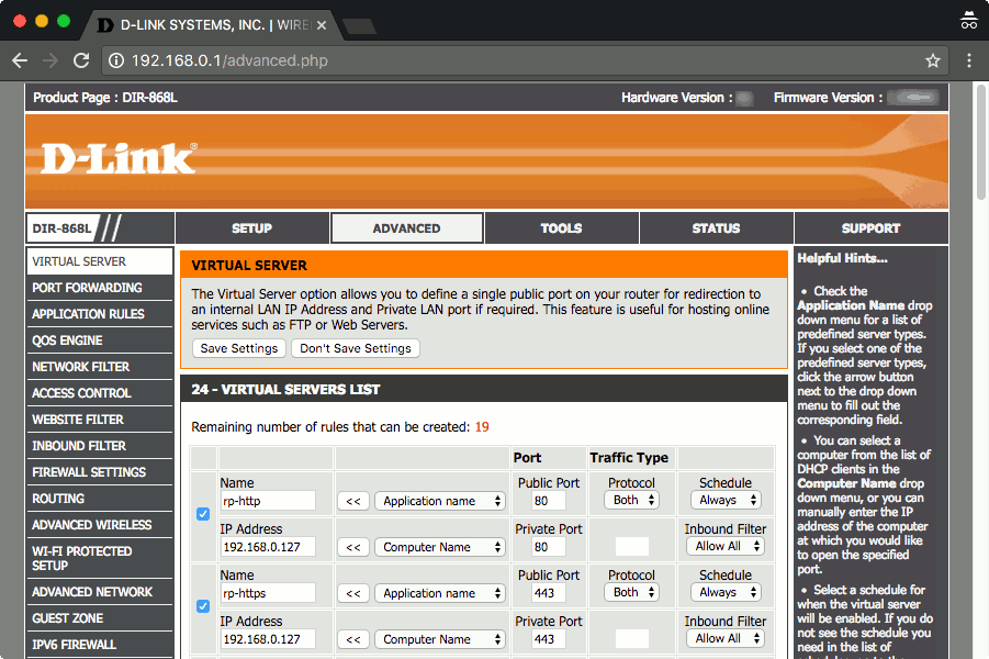 D-Link DIR-868L router Virtual Servers list