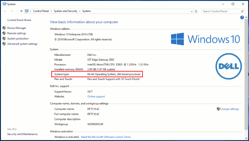 Dell IOT Edge Gateway 3002 Windows 10 IoT Enterprise 2016 LTSB Entry System Properties window with System type highlighted