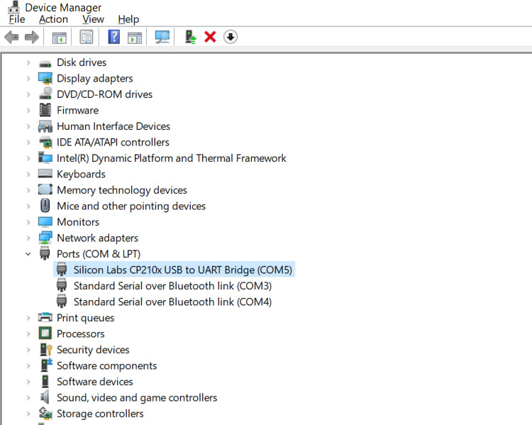 Device manager showing Silicon Labs CP210x USB to UART bridge as one of the COM ports