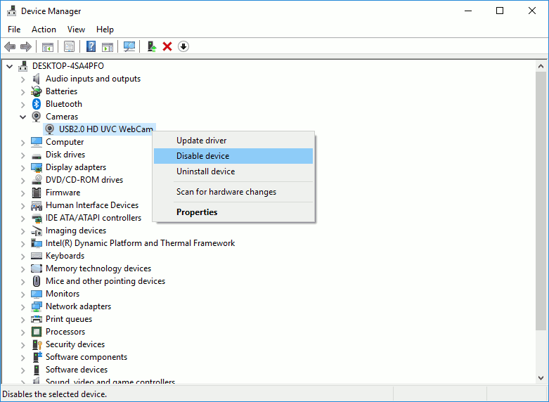 Disable integrated camera on Windows 10 laptop