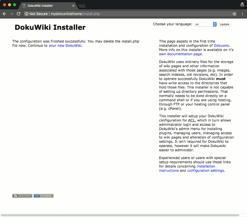 DokuWiki version 2018-04-22a installer screen after saving initial setup info