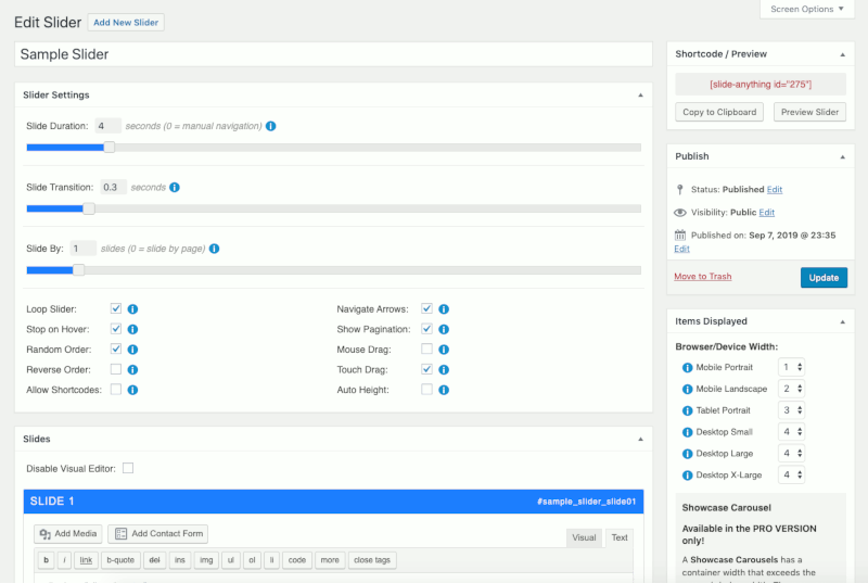 Edit Sample Slider of Slide Anything plugin in WordPress dashboard