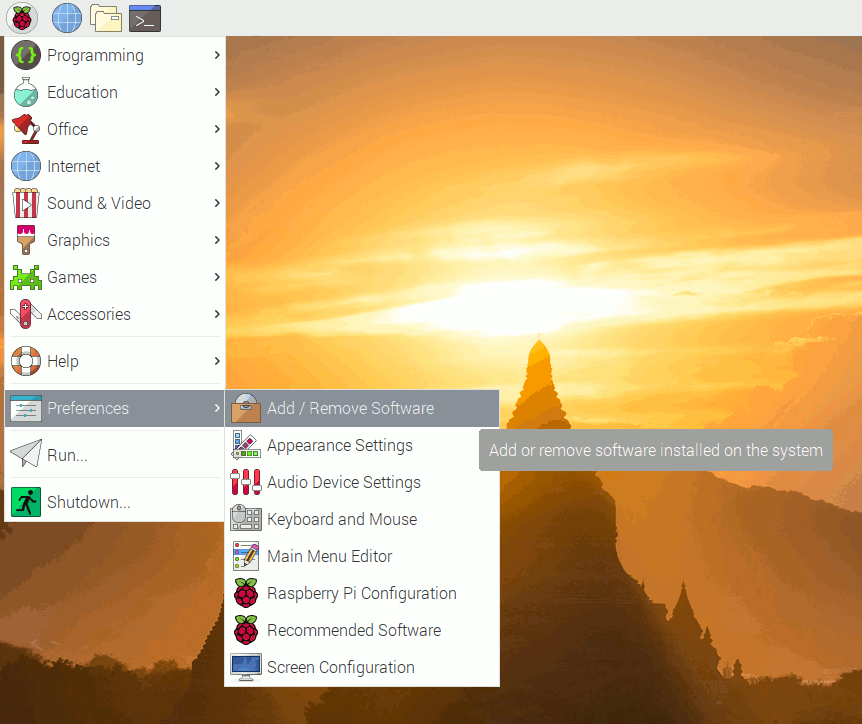 Finding Add Remove Software menu item on Raspbian Buster 20190710