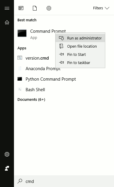 Finding Command Prompt and running it as administrator on Windows 10