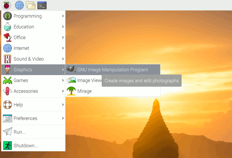 Finding GIMP menu item on Raspbian Buster 20190710