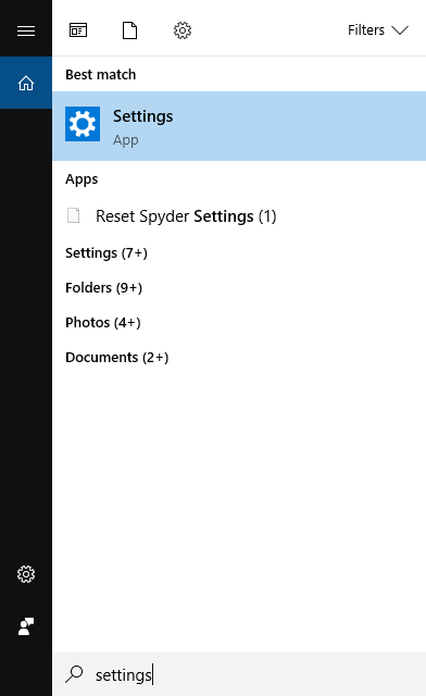 Finding Settings App on Windows 10