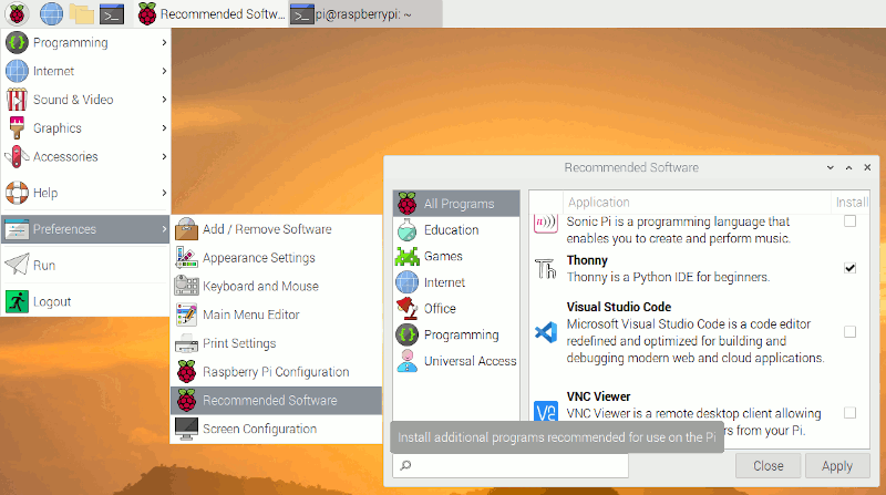 Finding Visual Studio Code in Recommended Software of Raspberry Pi OS 20200410