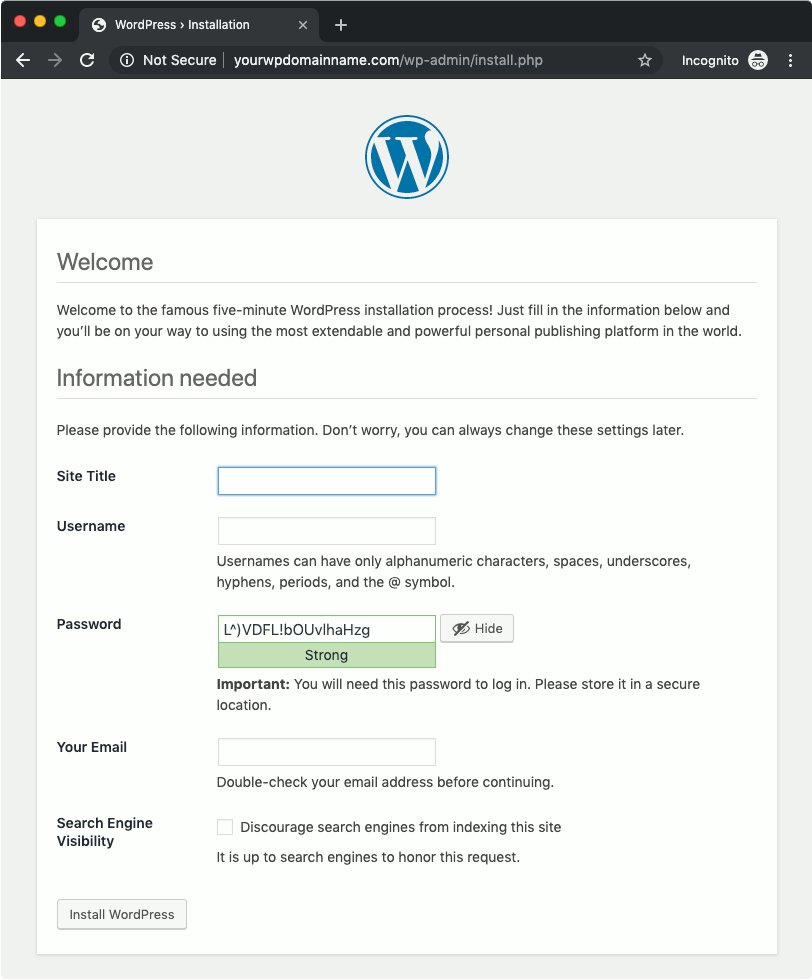 First access of WordPress 5.2.3 installation page with Incognito Chrome