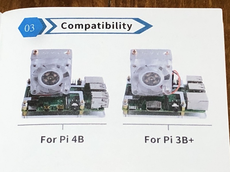 ICE Tower CPU Cooling Fan manual stating that it is compatible with the Pi 4B and Pi 3B+