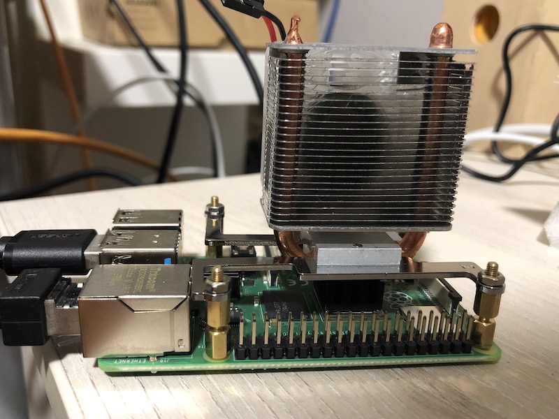 ICE Tower CPU Cooling Fan mounted on Raspberry Pi 4 Model B with heat sinks