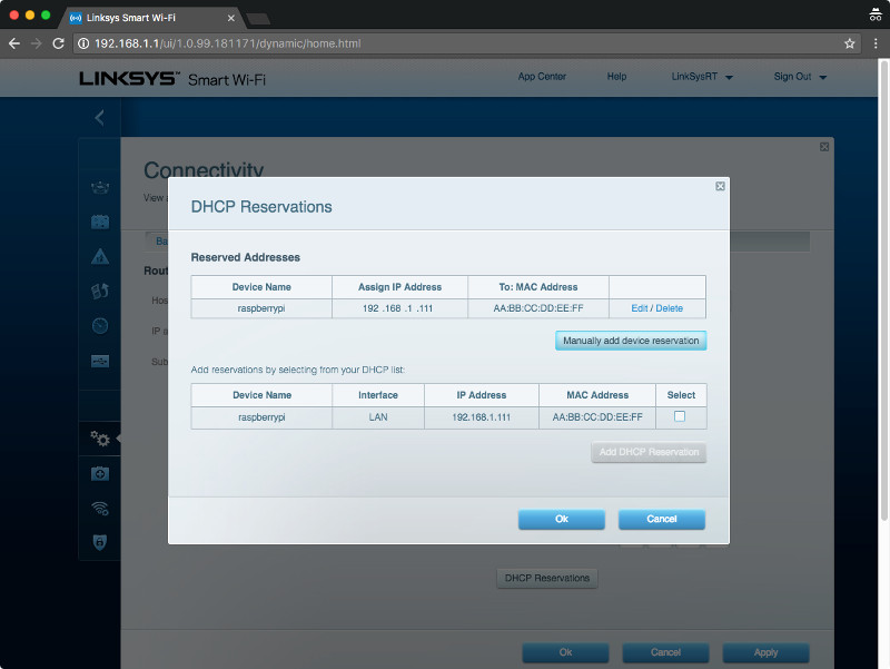 Linksys EA7500 Max-Stream AC1900 DHCP Reservations page with raspberrypi in reserved list