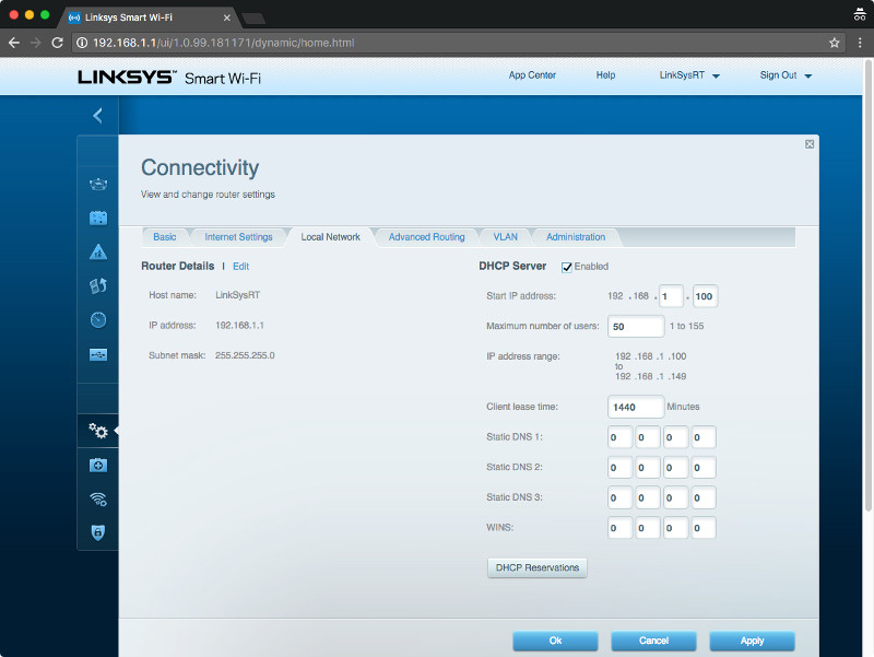 Linksys EA7500 Max-Stream AC1900 local network page