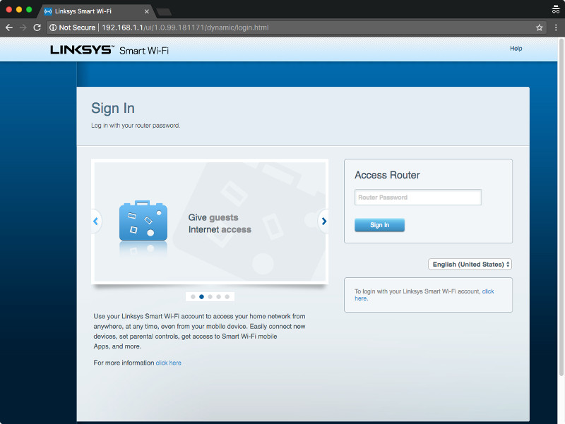 Linksys EA7500 Max Stream AC1900 login page