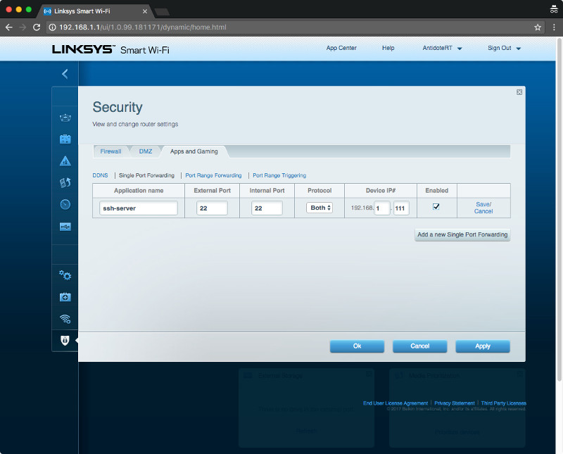 Linksys EA7500 Max-Stream Apps and Gaming Single Port Forwarding for port 22