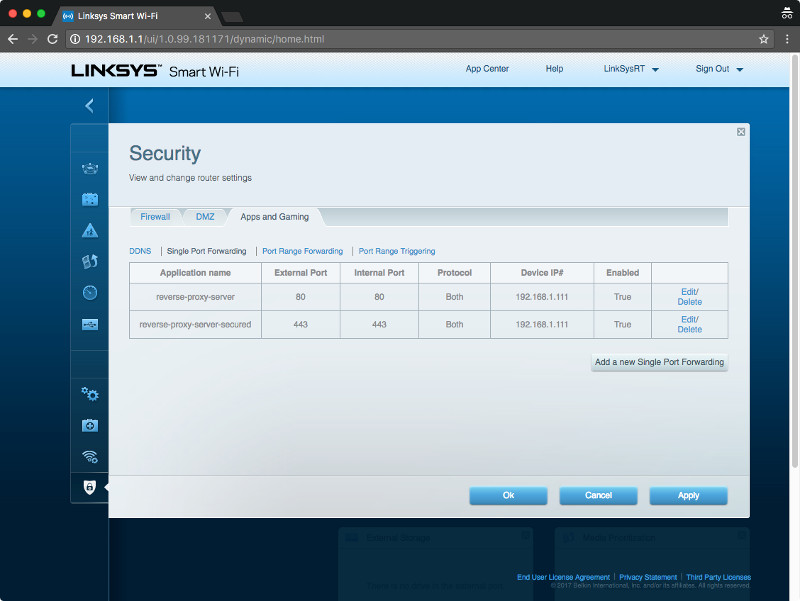 Linksys EA7500 Max-Stream Apps and Gaming-Single Port Forwarding with port 80 and port 443 mappings