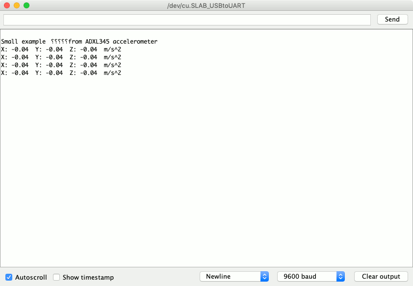 Mac Arduino 1.8.9 Serial Monitor showing output from own ESP32 reading from ADXL345 sensor