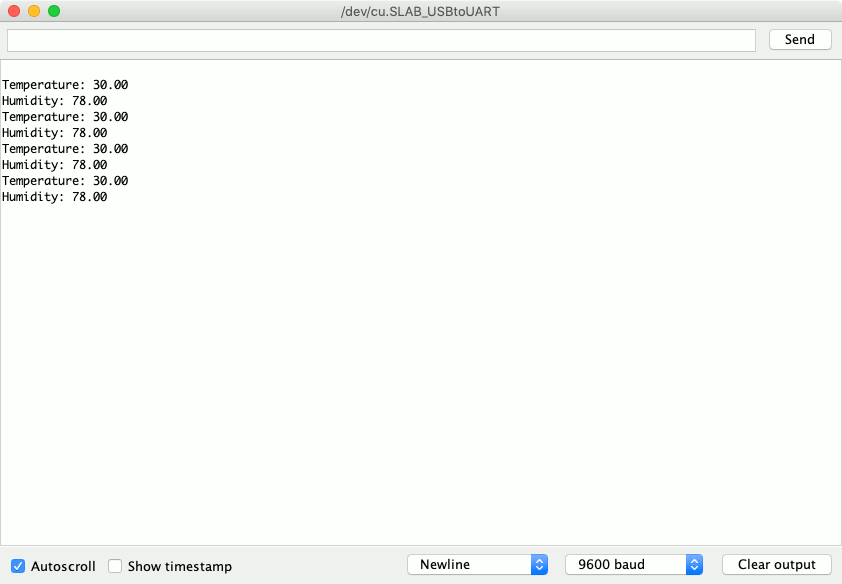 Mac Arduino 1.8.9 serial monitor showing temperature and humidity from DHT11 sensor