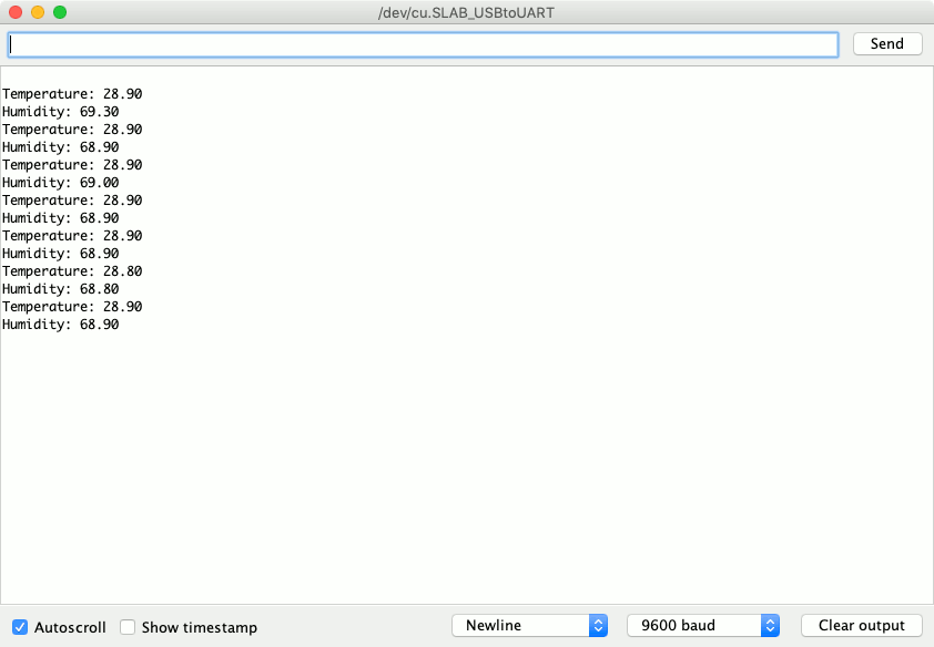 Mac Arduino 1.8.9 serial monitor showing temperature and humidity from DHT22 sensor