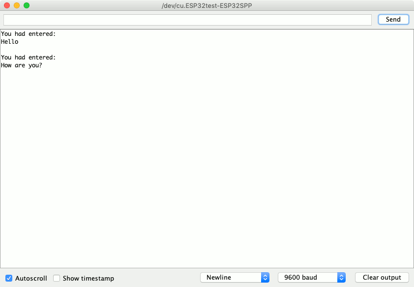 Mac Arduino 1.8.9 serial monitor showing utilization of ESP32test bluetooth connection as the port and some sample input