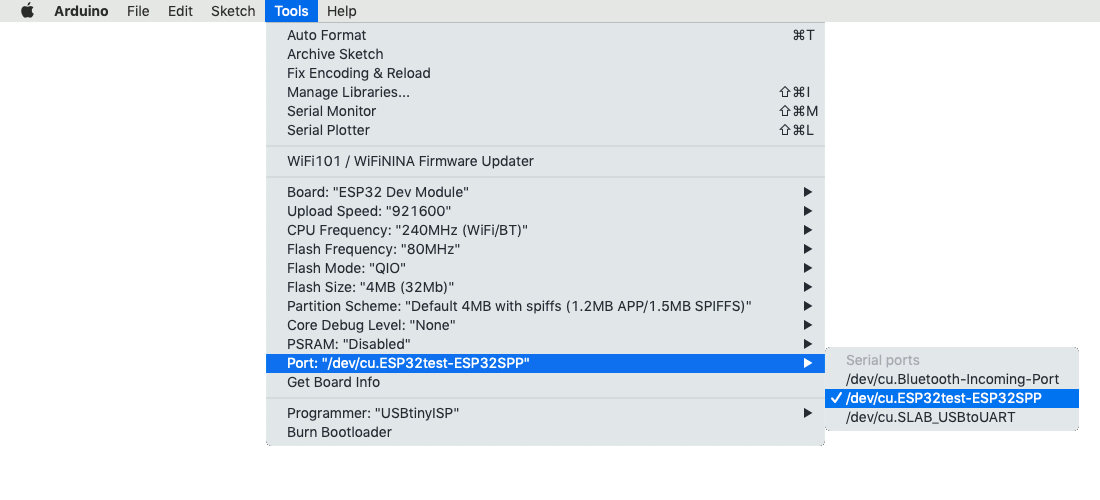 Mac Arduino 1.8.9 showing bluetooth connection as port