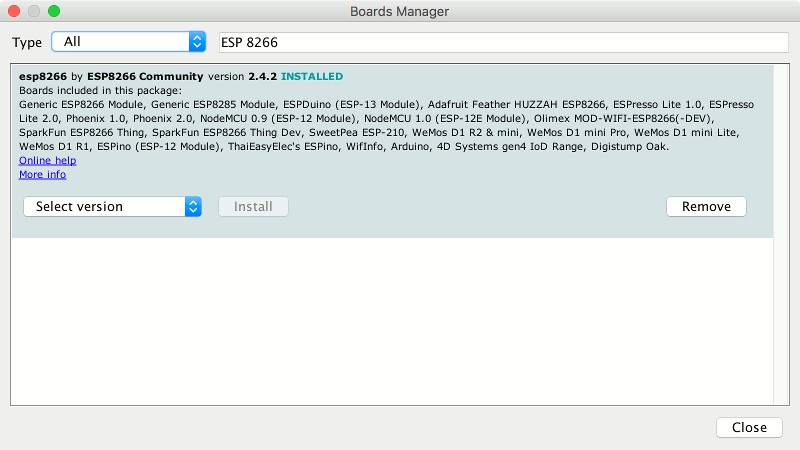 Mac Arduino IDE 1.8.7 Boards Manager window with ESP 8266 core 2.4.2 installed