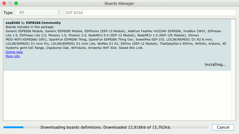 Mac Arduino IDE 1.8.7 Boards Manager window with ESP 8266 core being installed