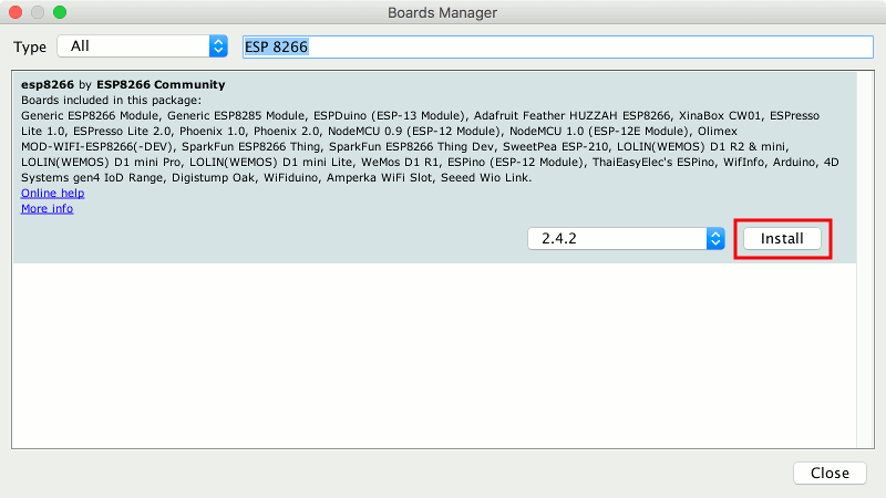 Mac Arduino IDE 1.8.7 Boards Manager window with ESP 8266 core listed