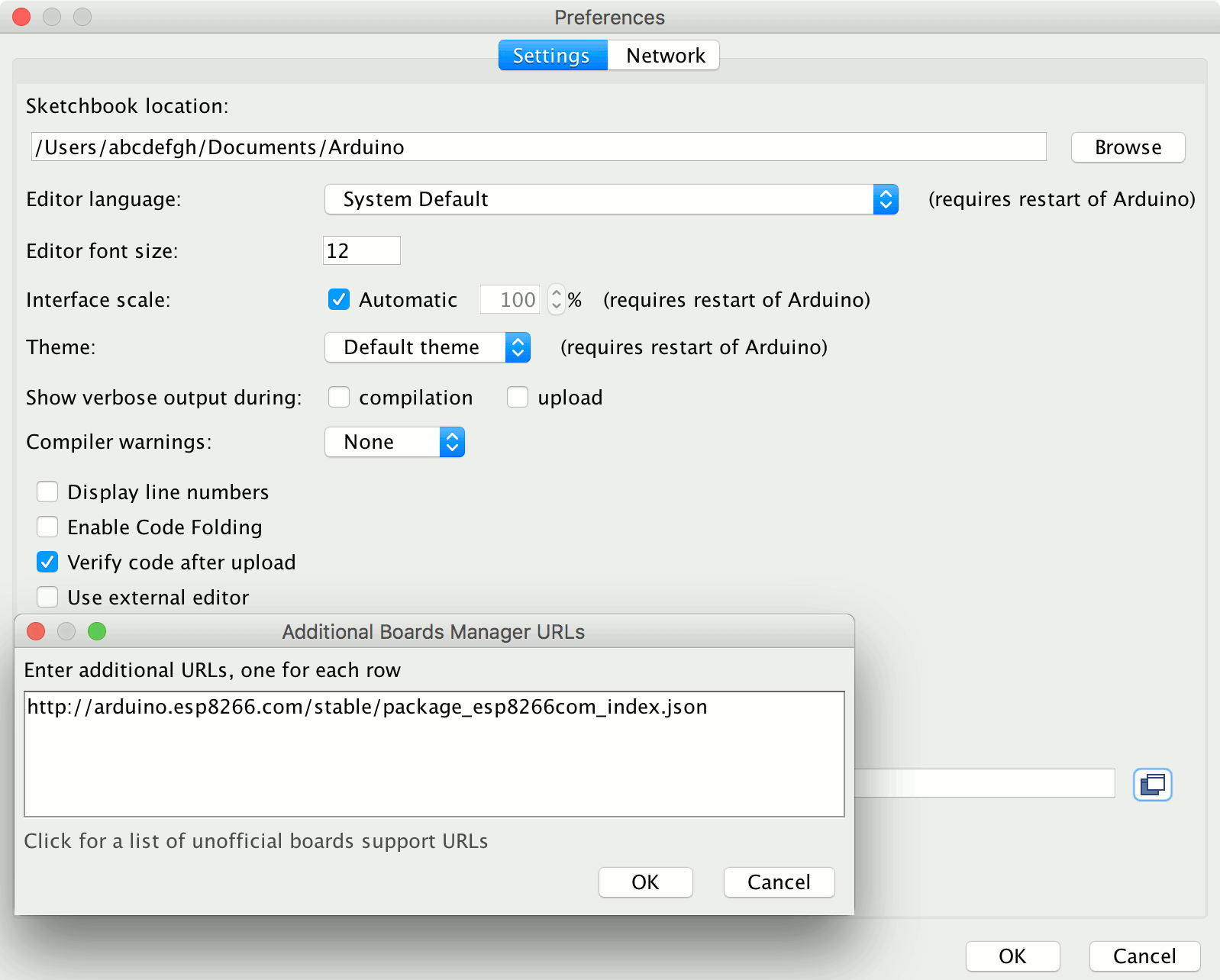 Mac Arduino IDE 1.8.7 Preferences window with ESP8266 core url inside additional board managers urls