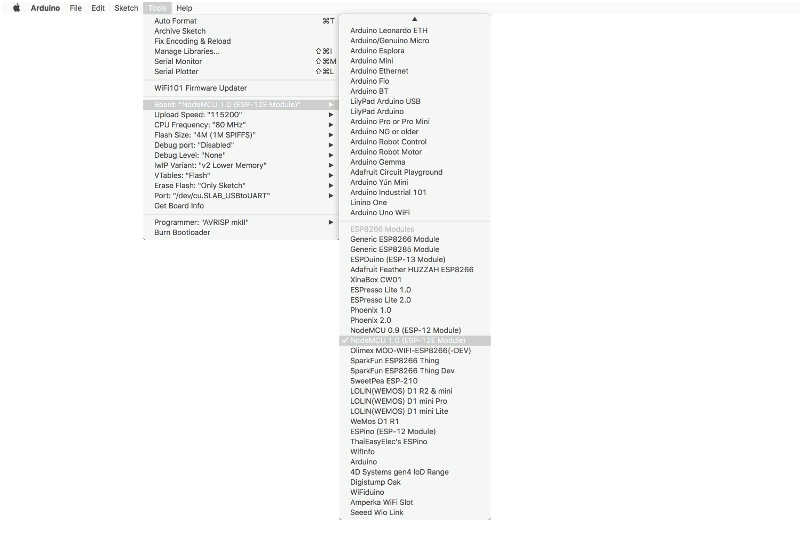 Mac Arduino IDE 1.8.7 selecting NodeMCU 1.0 (ESP-12E Module) as the board to flash program to