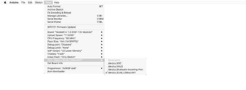 Mac Arduino IDE 1.8.7 selecting SILAB USBtoUART driver as the port to flash program to