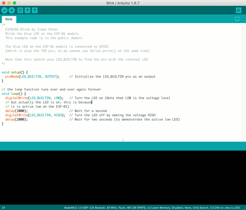 Mac Arduino IDE 1.8.7 with ESP8266 Blink example loaded in editor